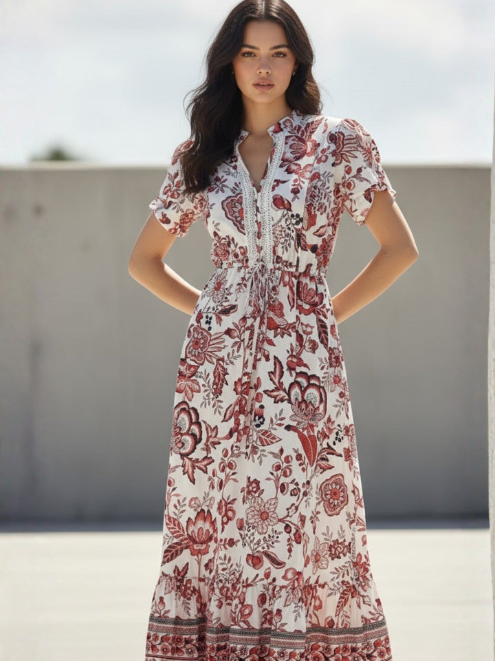 Red Short Sleeve Waist Tie-Up Printed Dress