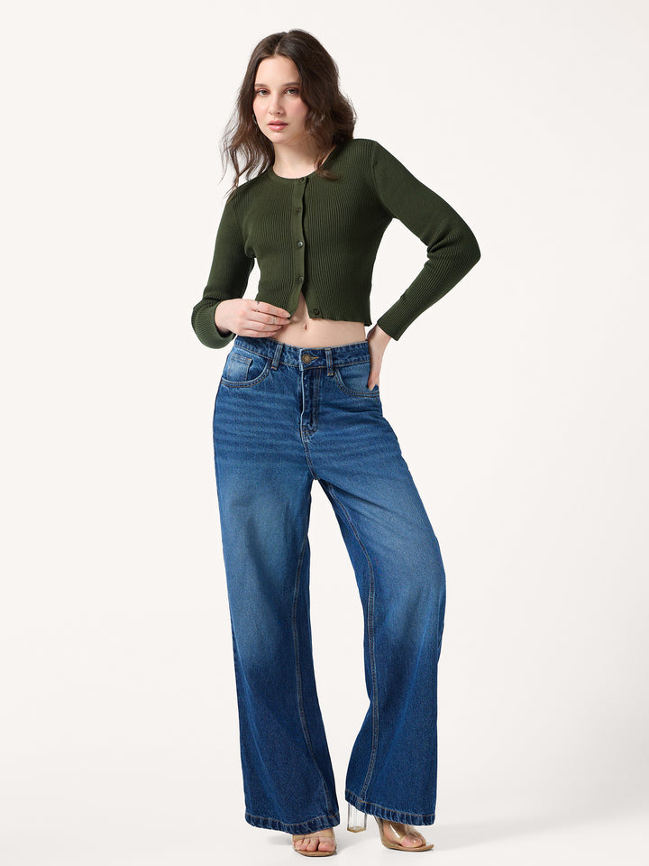 Olive Flat Knit Button Down Knit Top