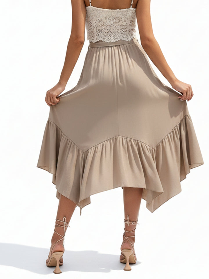 Tan High Waist Tie-Up Ruffle Hem Skirt
