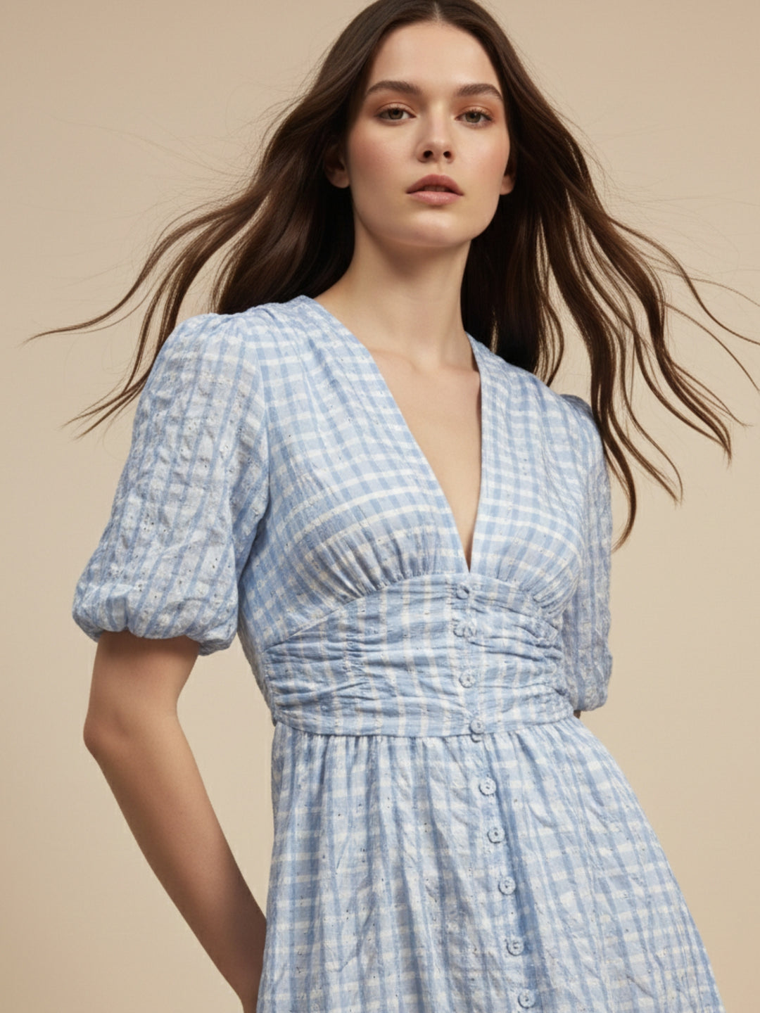 Blue Plunge Neck Puff Sleeved Dress