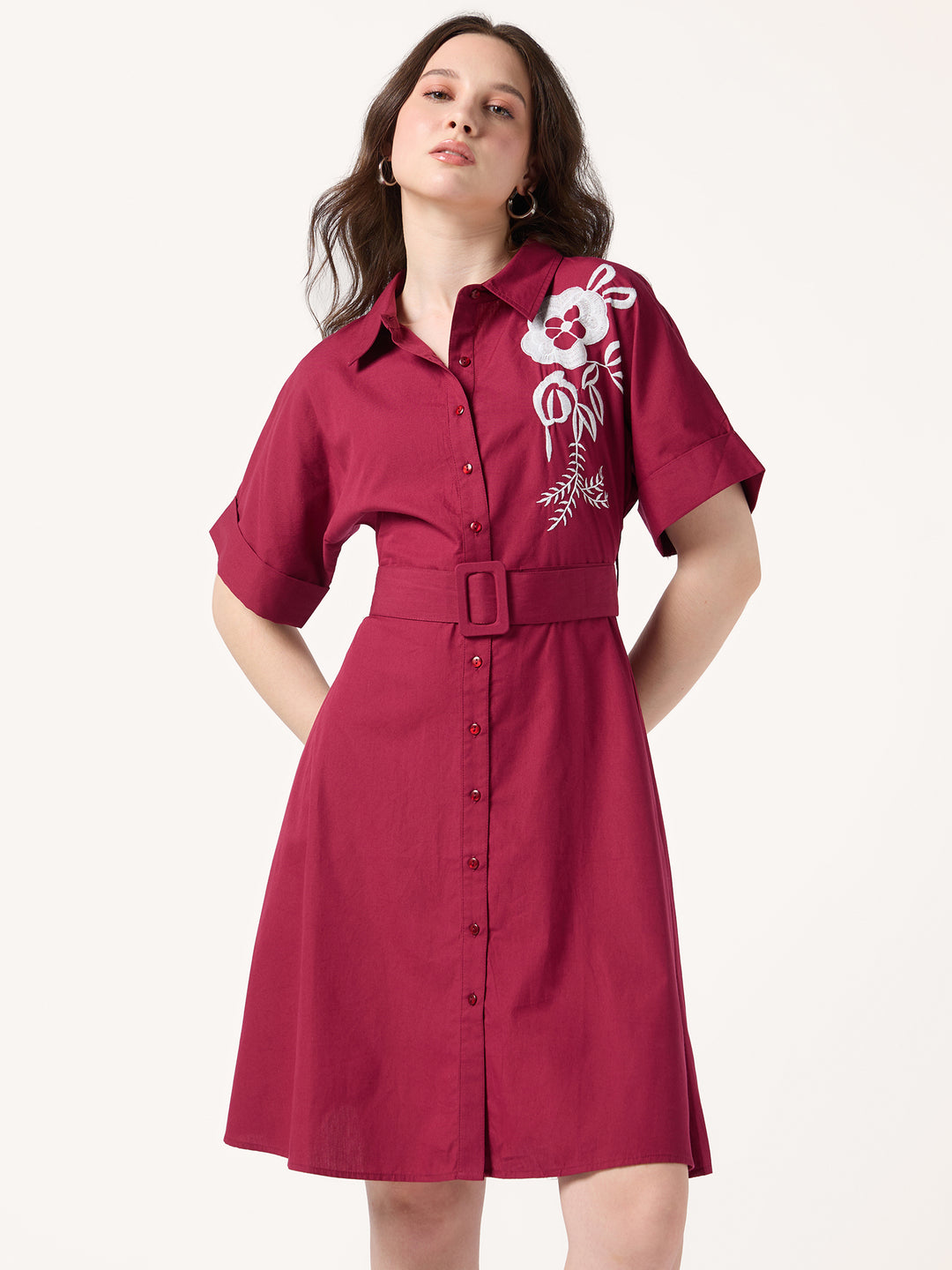 Wine Shirt Dress With Print And Belt Detail