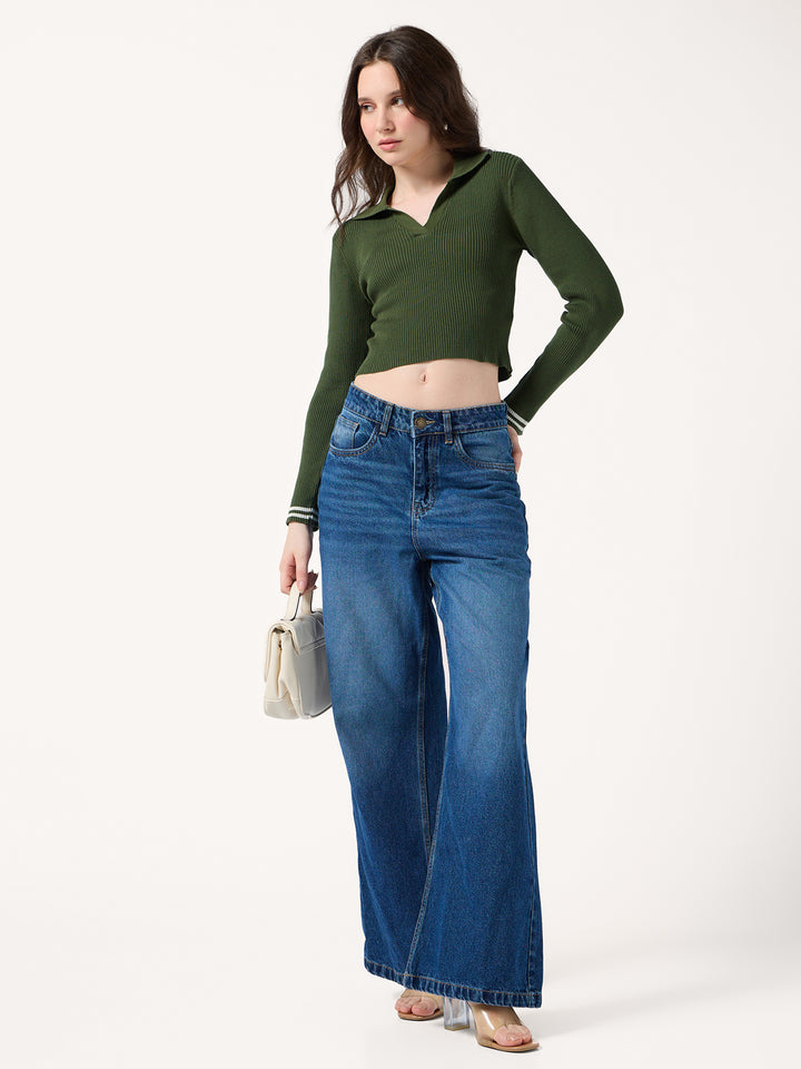 Oilve Contrast Tipping Polo Flat Knit Top