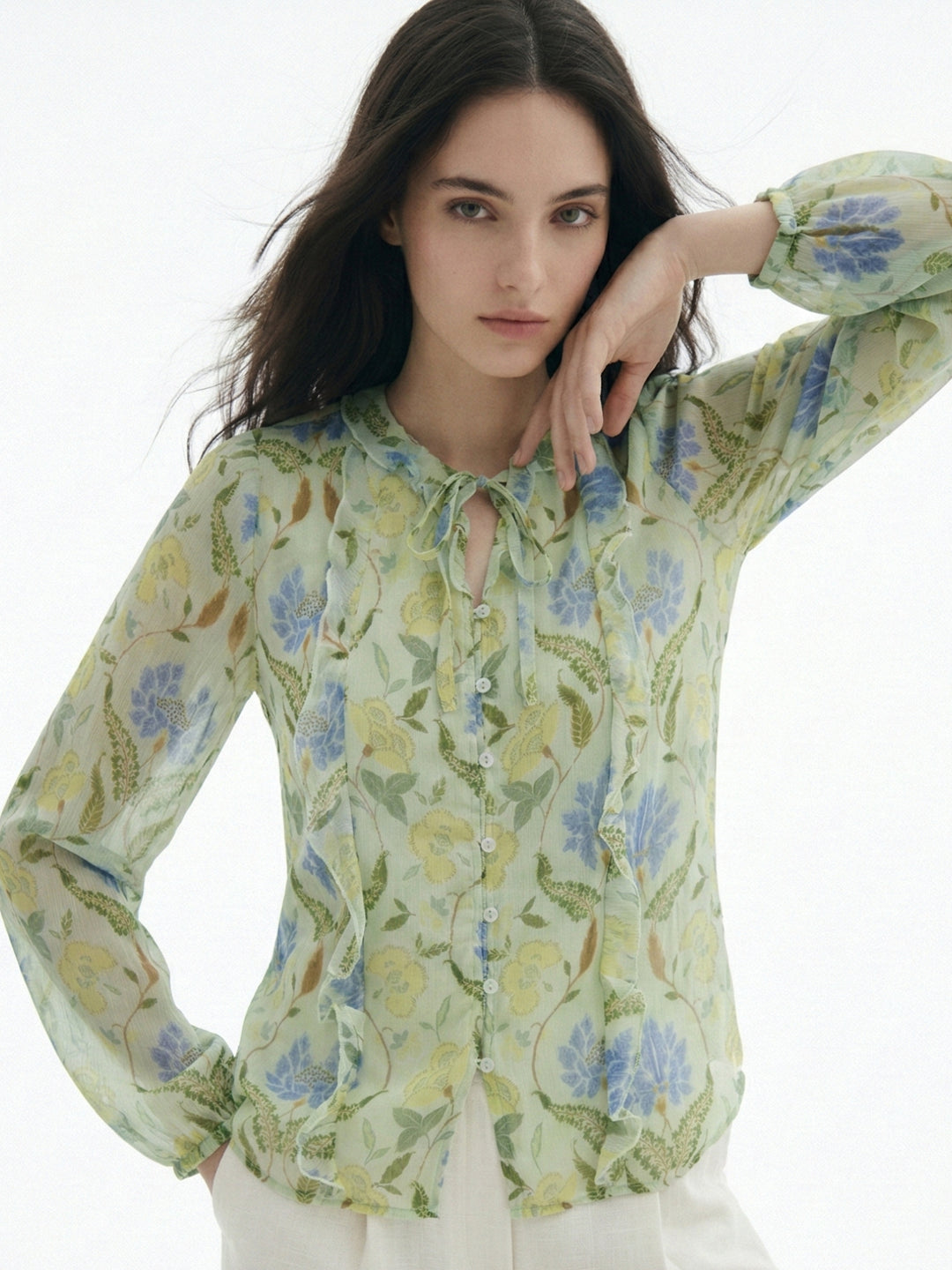 Green Printed With Ruffle Details Blouse