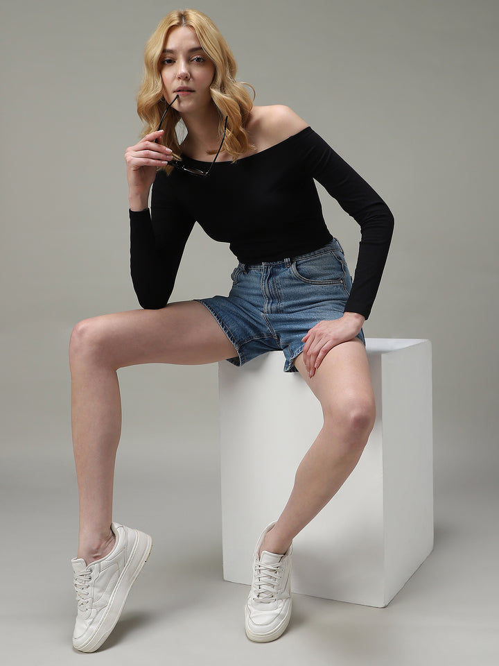 Black Off-Shoulder Fitted Top