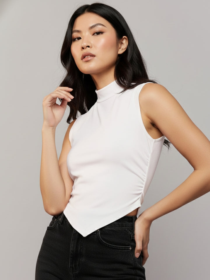 White High Neck Side Ruched Top