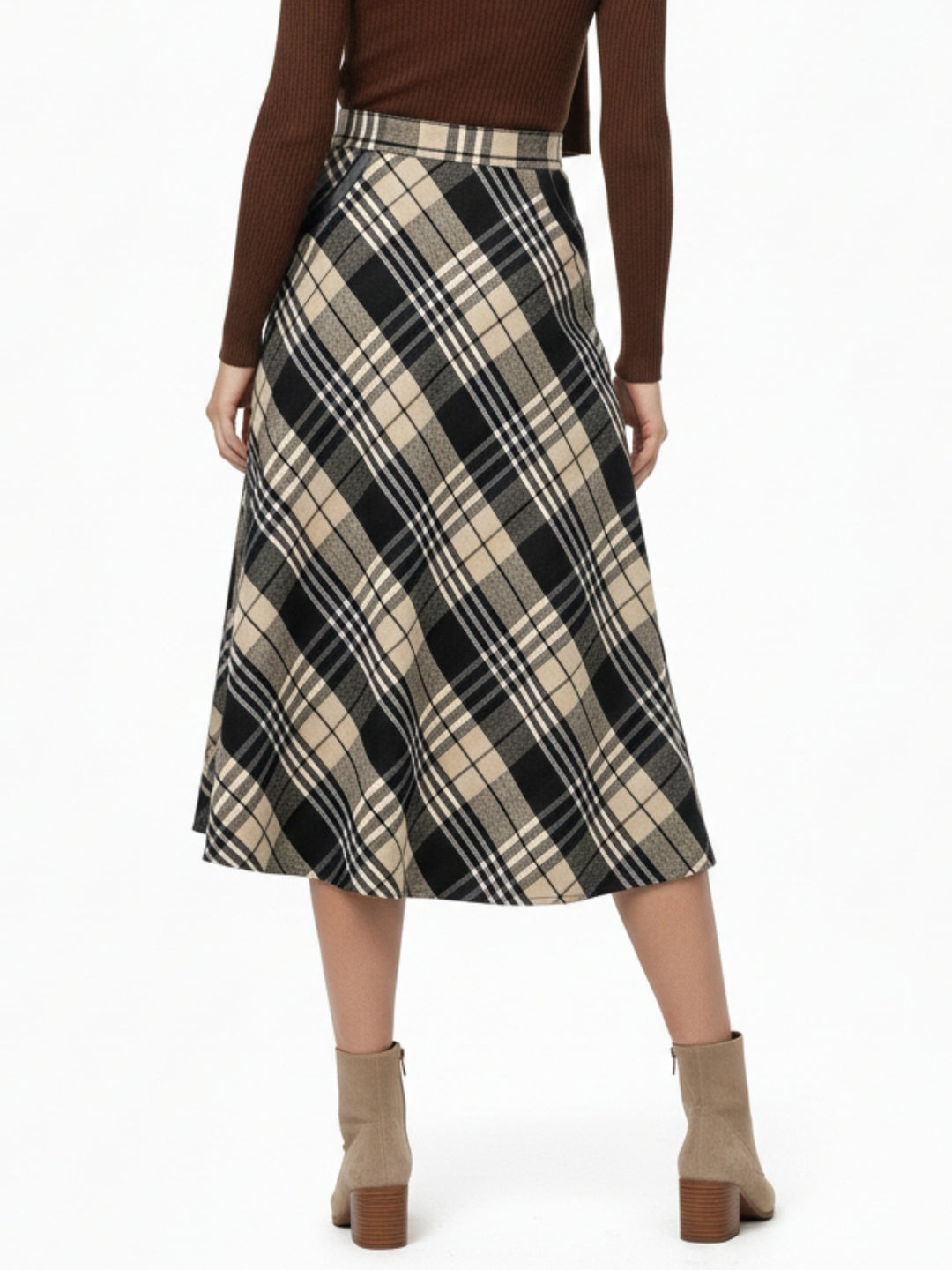 Beige Flared Checkered Skirt