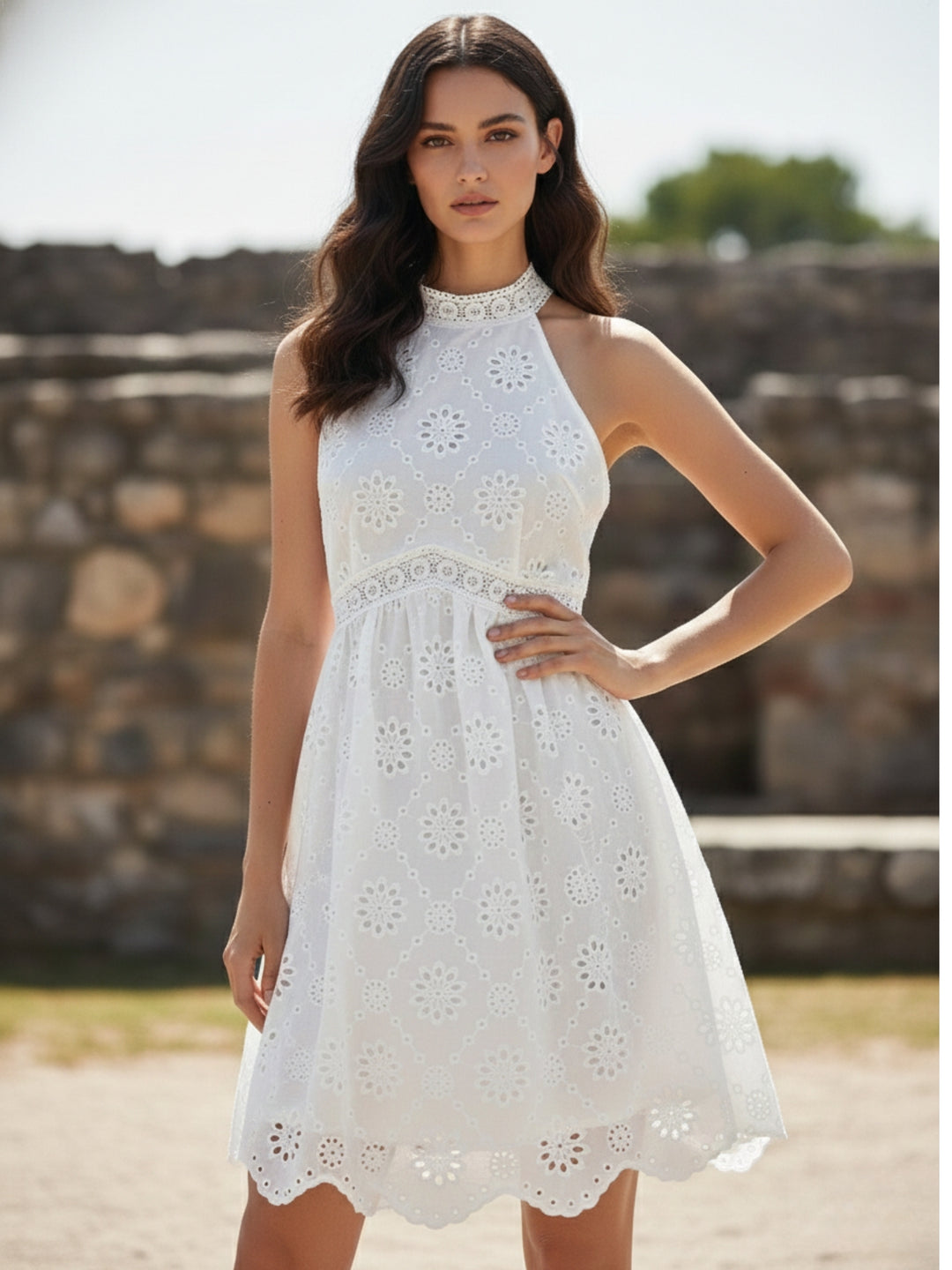 White Halter Neck Schiffli Dress