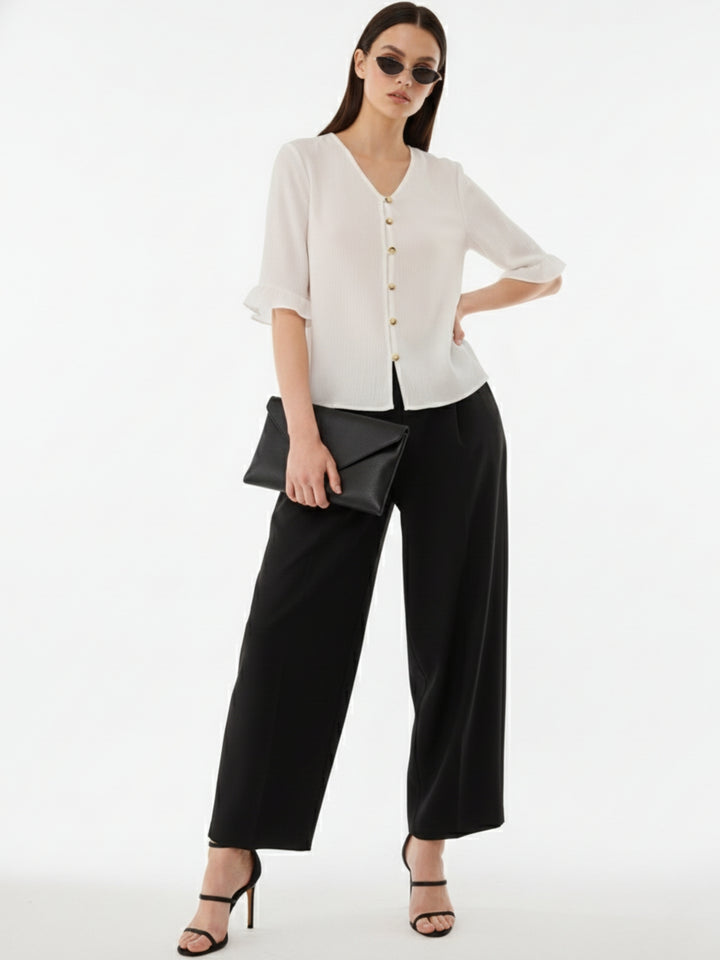 White Front Buttoned Top With Ruffle Detail On Sleeve