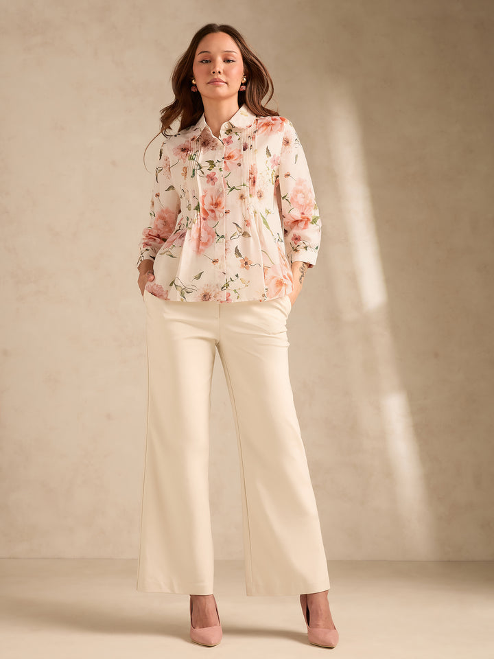 Off-White Regular Fit Printed Shirt with Pintuck Details