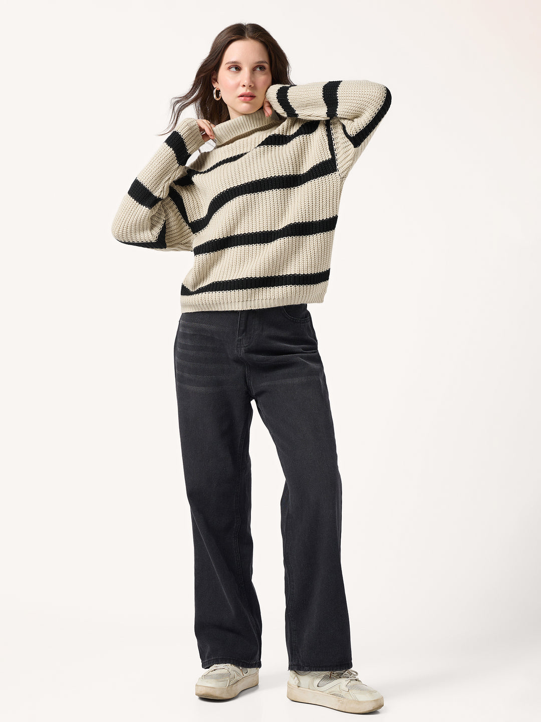 Beige High Neck Striper Sweater