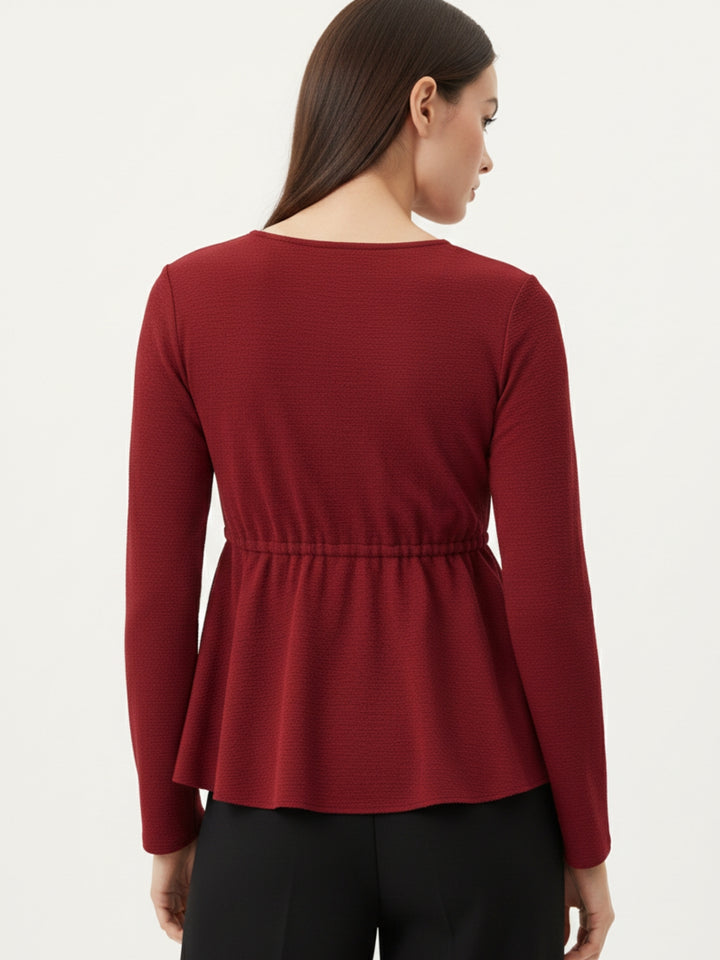 Maroon Round Neck Peplum Top With Full Sleeves