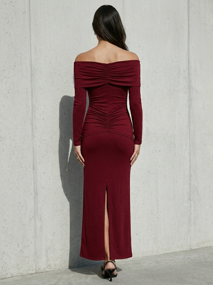 Red Off-Shoulder Maxi Dress With Metal Buckle