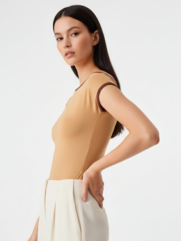 Beige Off-Shoulder Contrast Rib Knit Top