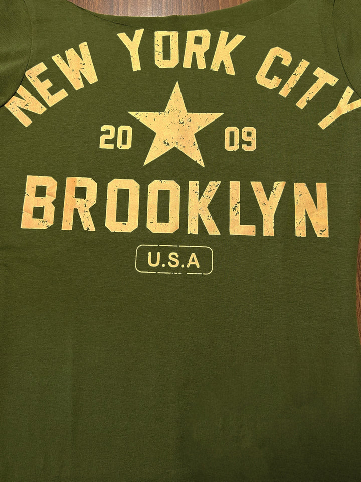 Olive Off-Shoulder Raw Edge Printed T-Shirt