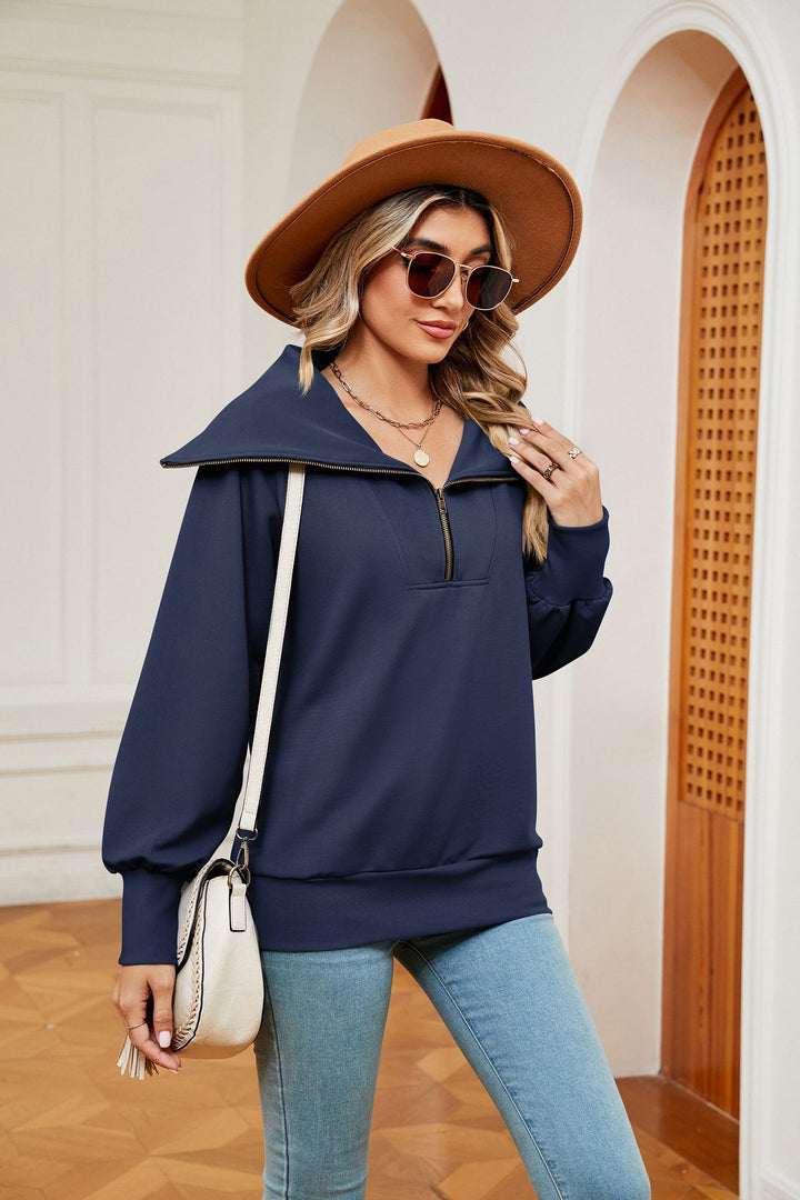 Navy Blue Full Sleeves Big Collar Half Zip Sweatshirt