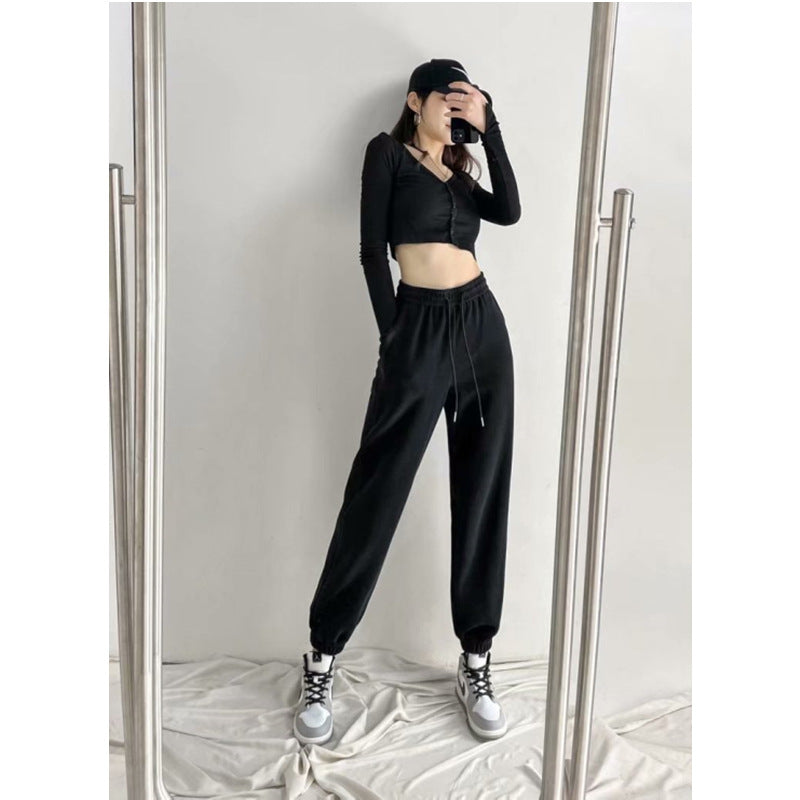 Black Cuffed Solid High Waist Jogger
