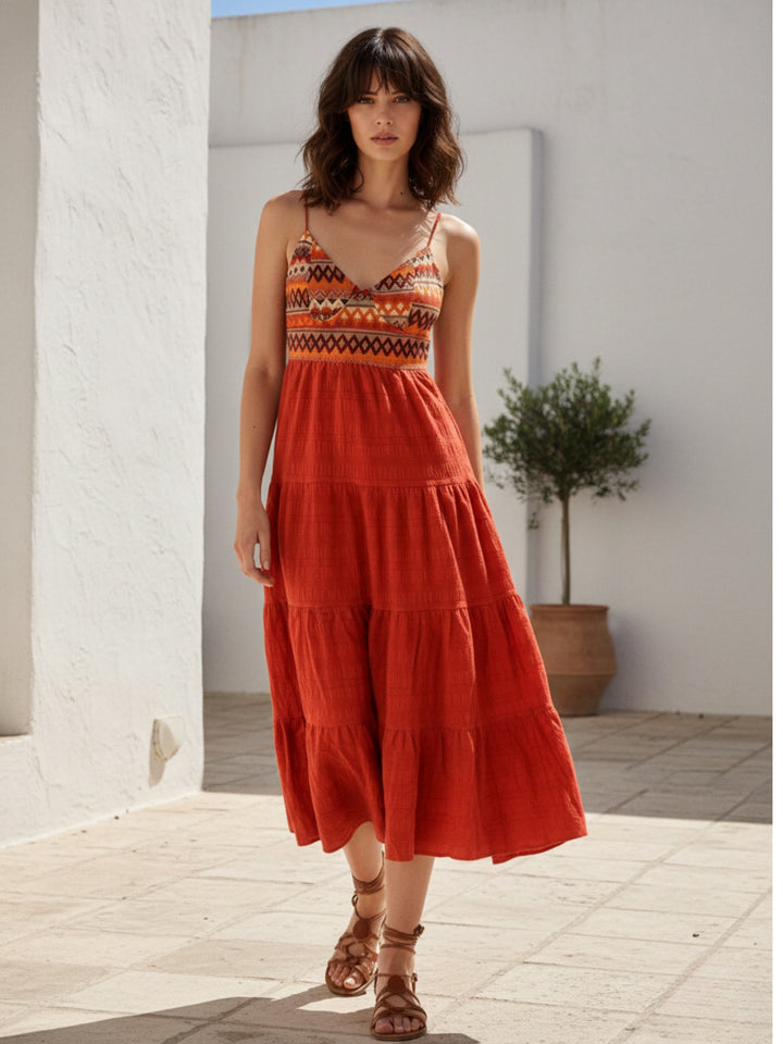 Orange Shoulder Strap Back Bow Tiered Dress