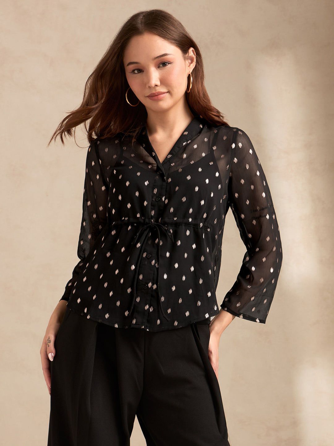 Black Printed Lapel Collar Blouse With Drastring Waist Detail