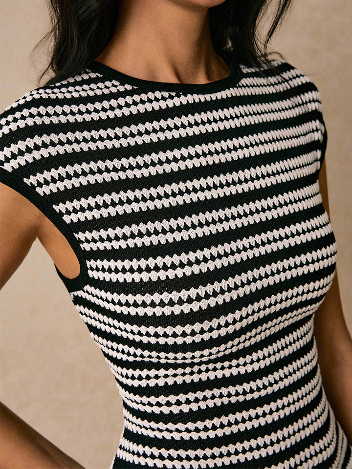 Black Short Sleeve Crew Neck Striped Dress