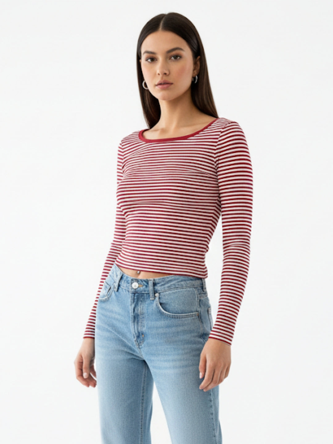 Red Boat Neck Fitted Striped Top
