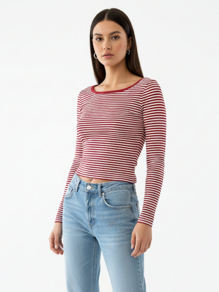 Red Boat Neck Fitted Striped Top