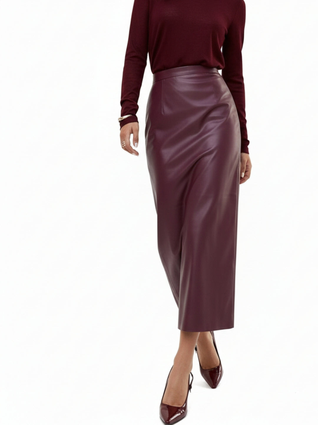 Burgundy High Waist Fitted Pu Skirt