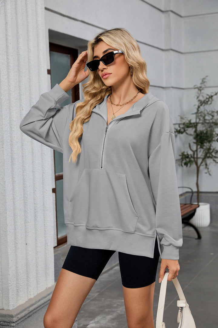 Grey Full Sleeves Half Zip Collared Sweatshirt