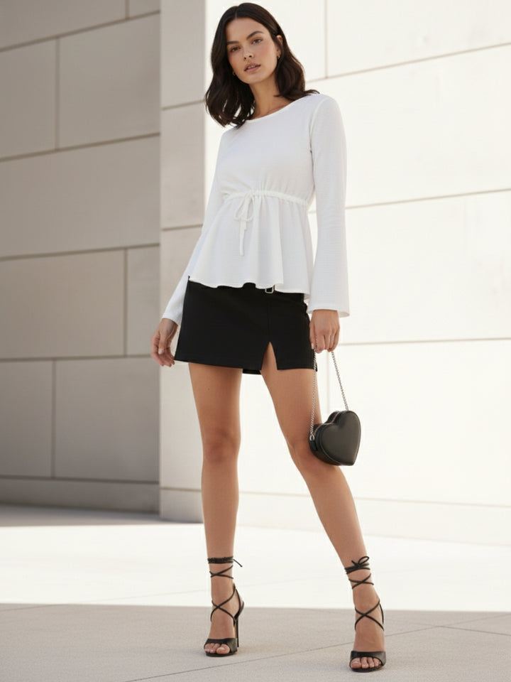 White Deep Round Neck Peplum Top With Full Sleeves
