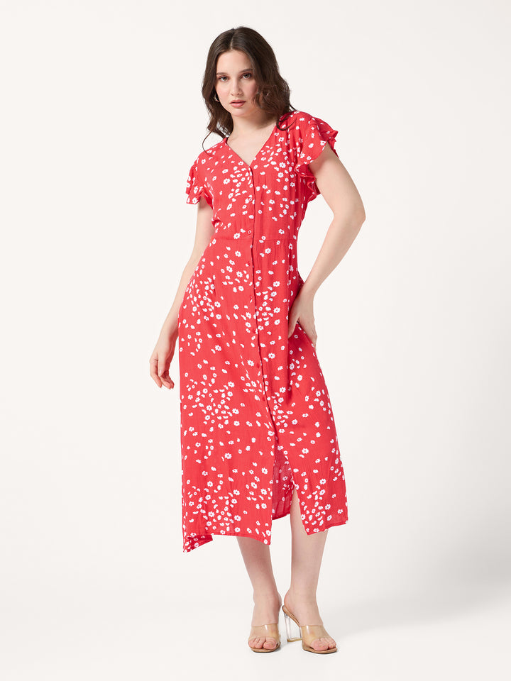 Red Printed Buttondown Dress