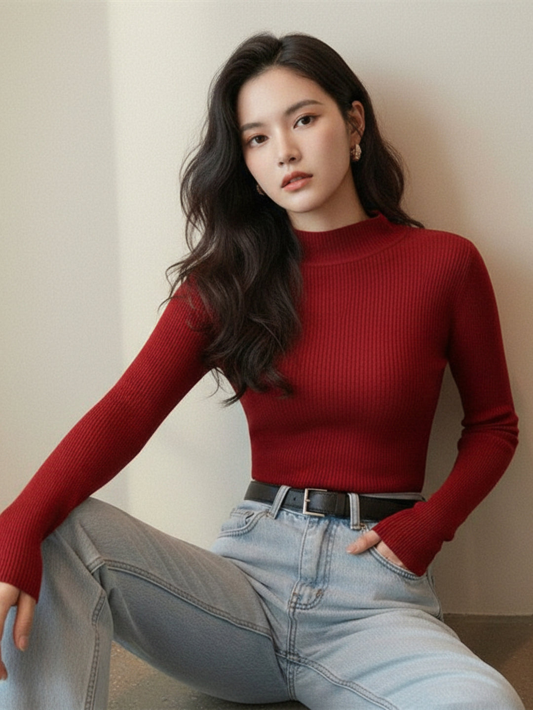 Red High Neck Flat Knit Top