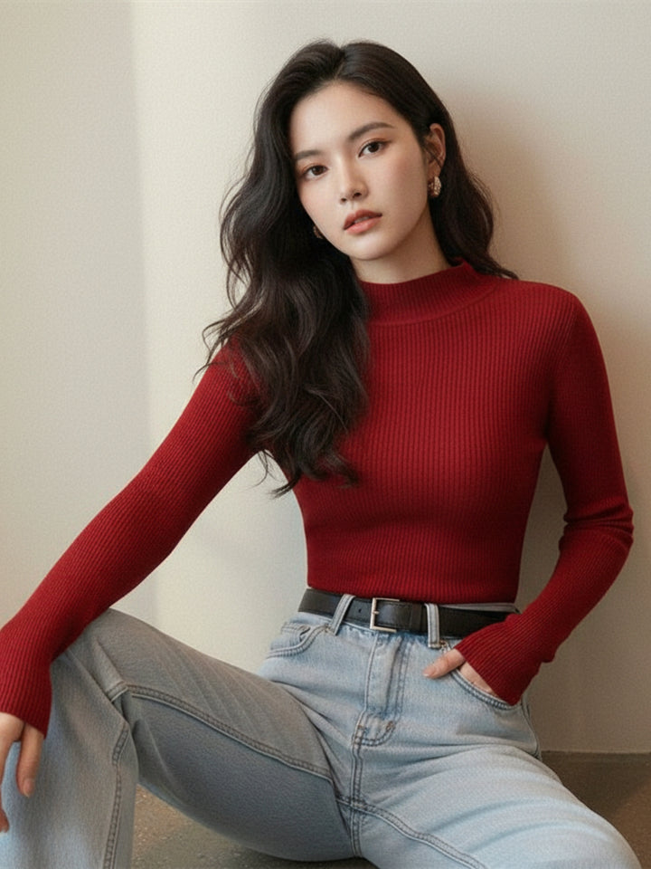 Red High Neck Flat Knit Top
