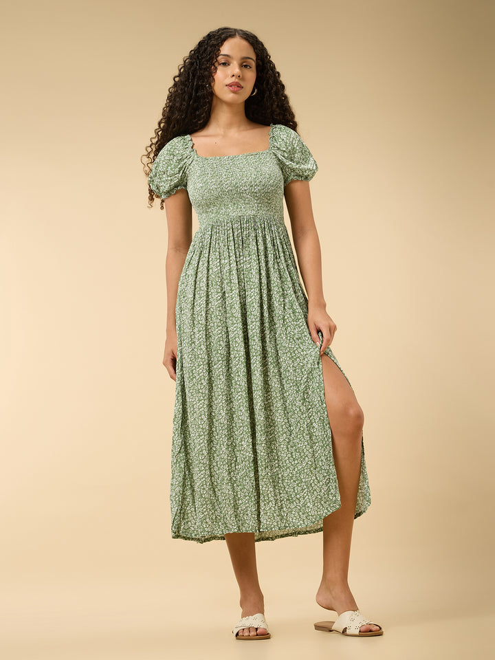 Green A-Line Midi Dress With Smocking And Slit Detail