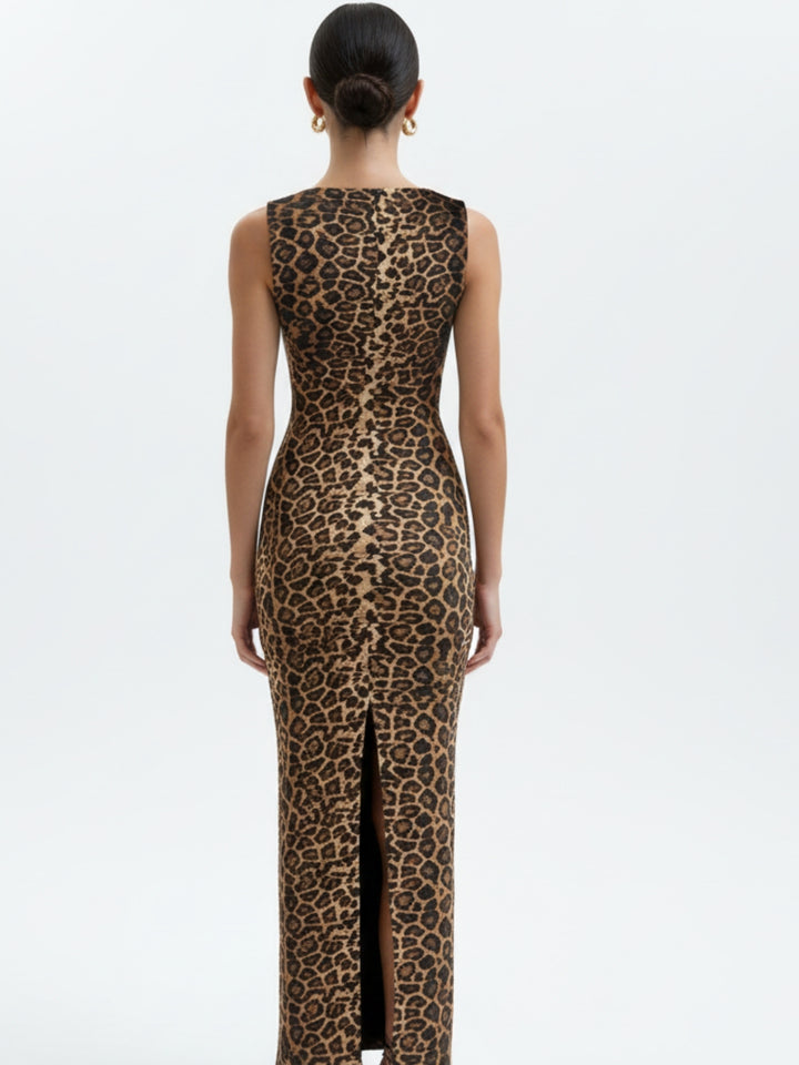 Brown Shoulder Strap Animal Print Dress