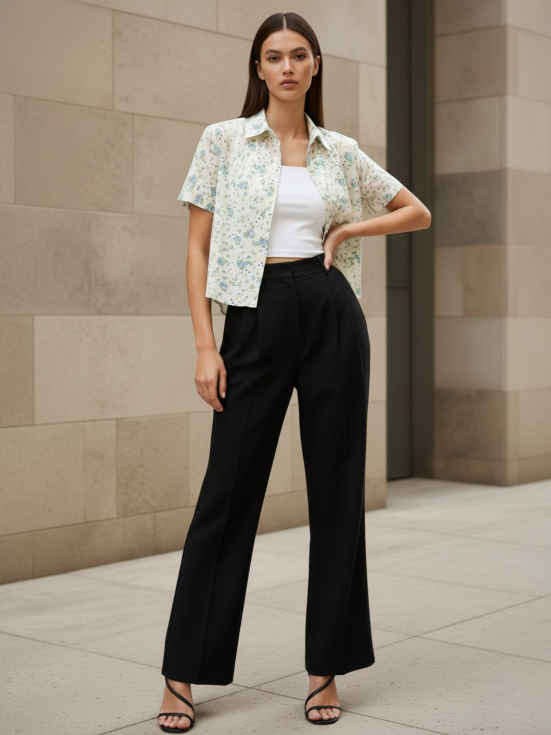 White Printed Cotton Schiffli Cropped Shirt