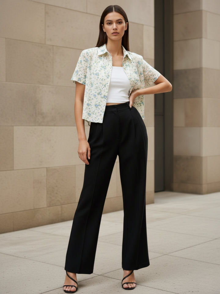 White Printed Cotton Schiffli Cropped Shirt