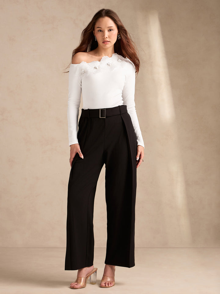 White Off-Shoulder Top With Floral Embellishments