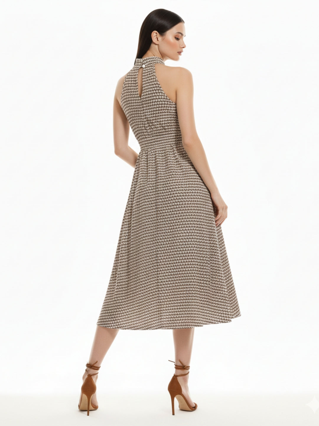 Brown Halter Neck Waist Fitted Dress