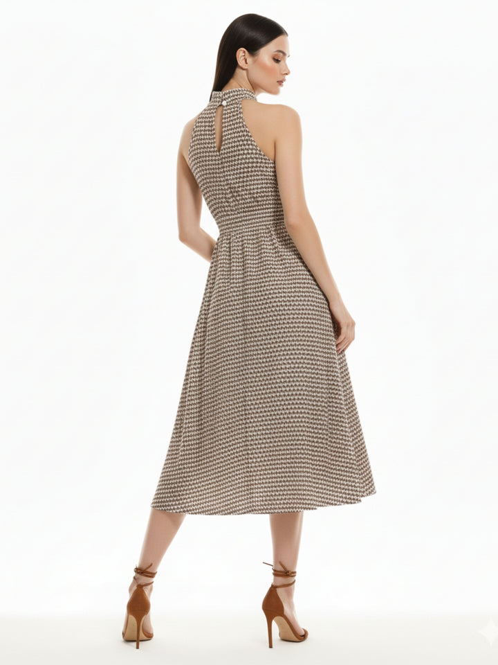 Brown Halter Neck Waist Fitted Dress