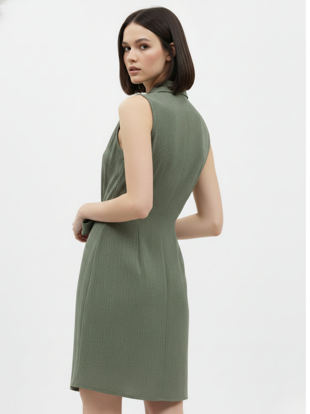 Green Waist Tie-Up Collared Dress