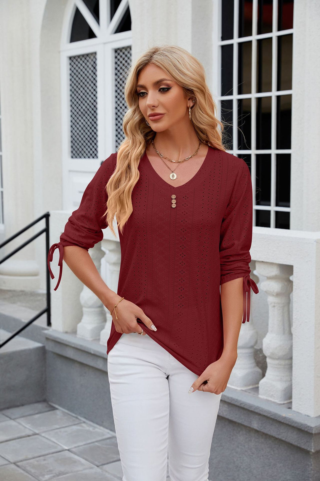 Red V Neck Textured Top