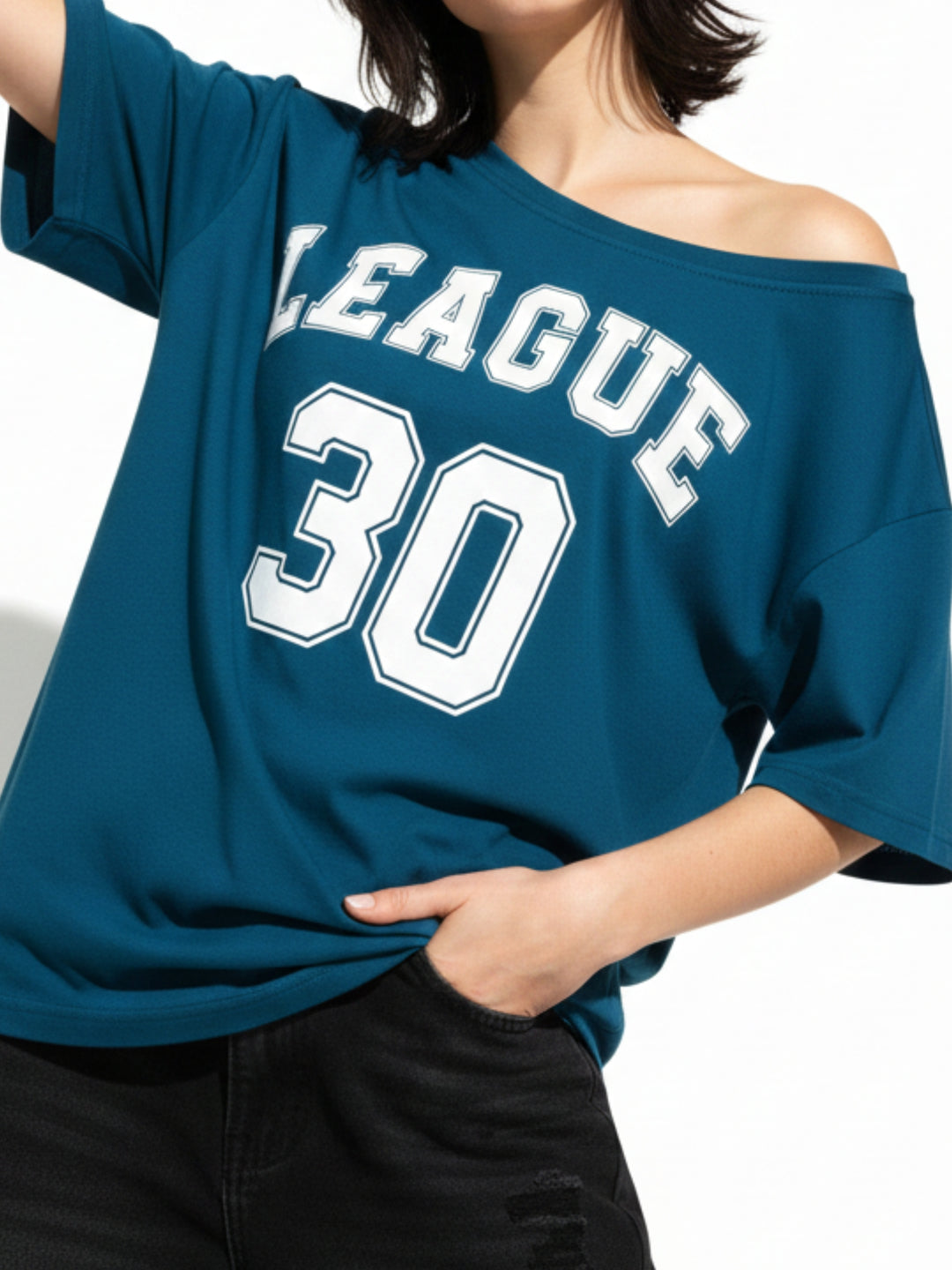 Teal Off-Shoulder Graphic Printed T-Shirt