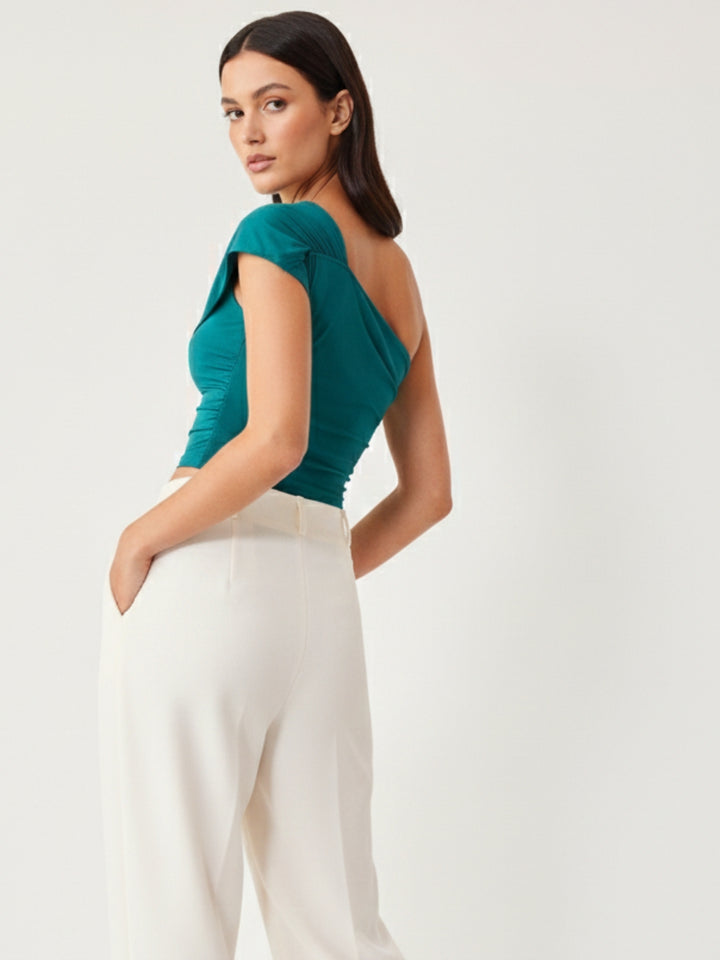 Green Textured One Shoulder Knit Top