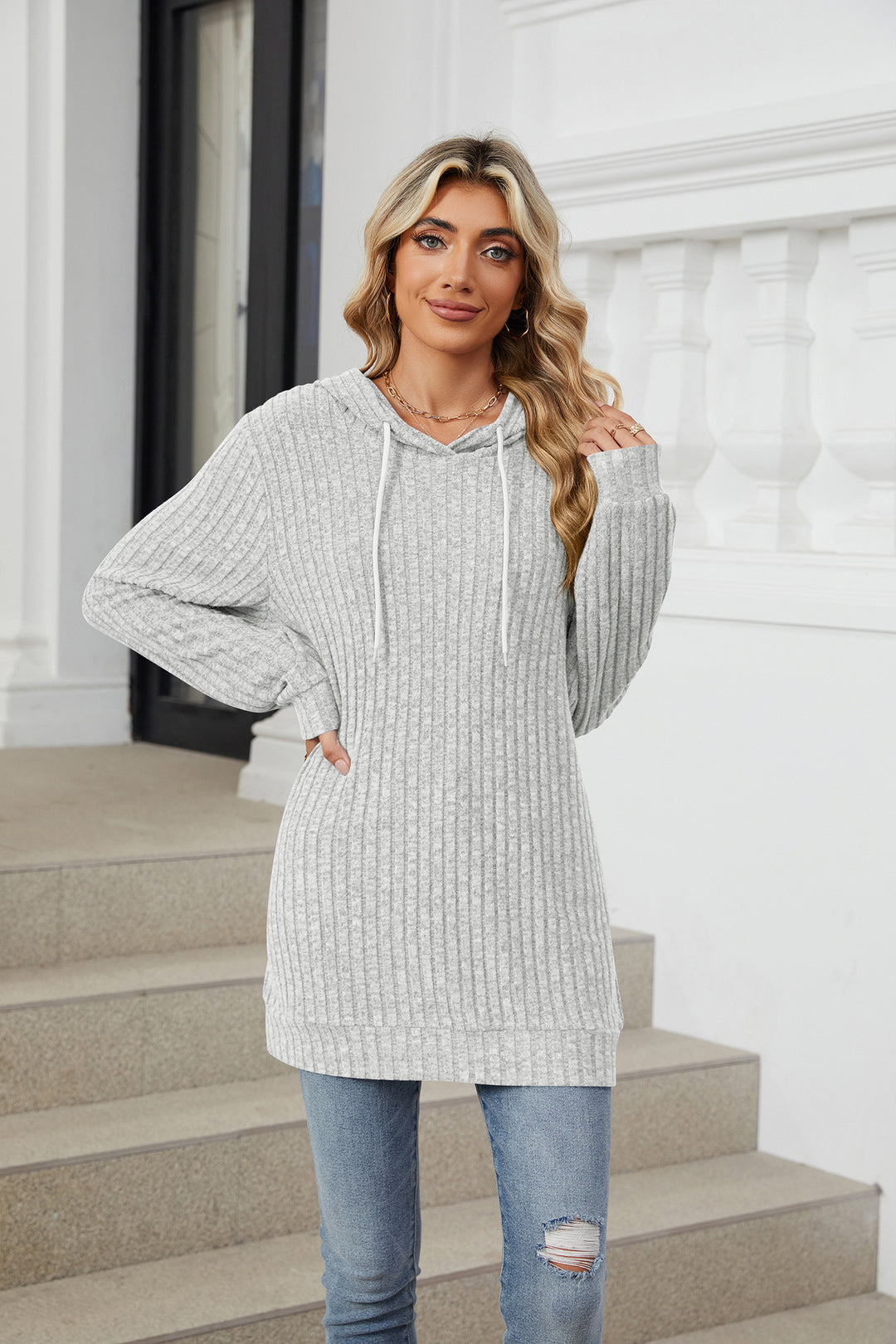 Grey Full Sleeves Solid Hooded Top