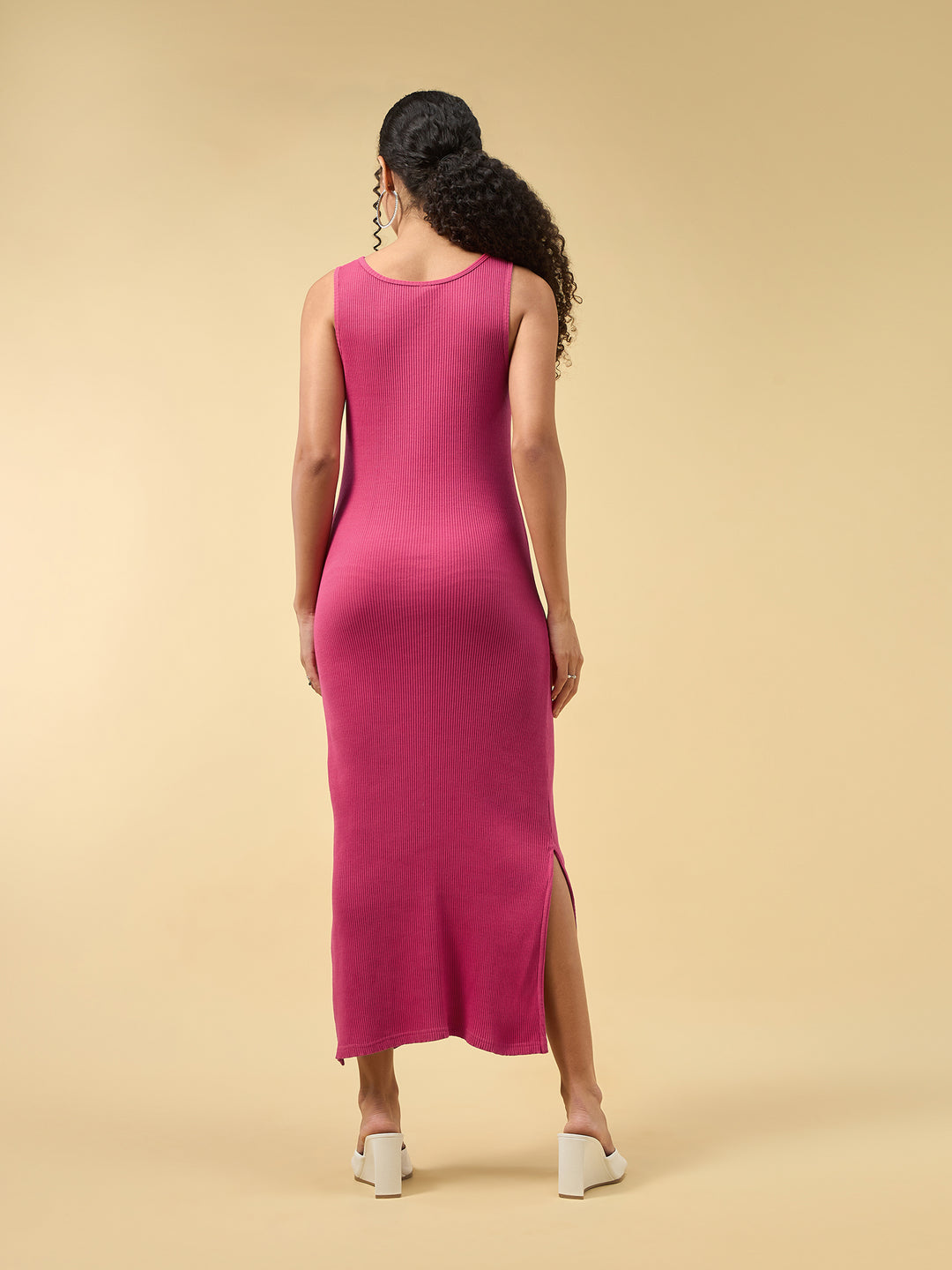 Pink Solid Slitted Bodycon Dress