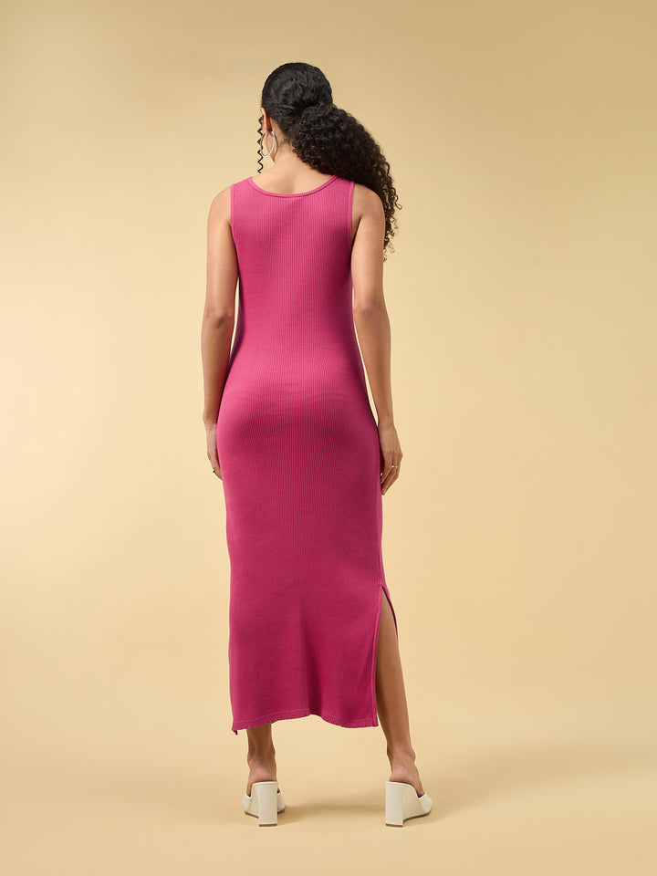 Pink Solid Slitted Bodycon Dress