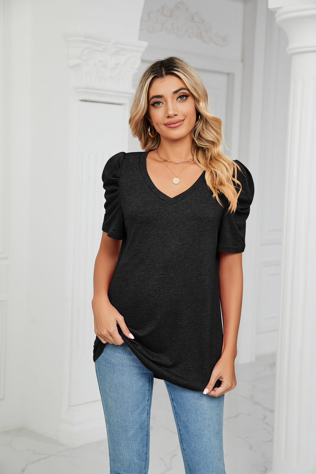 Black Puff Sleeves V Neck Top