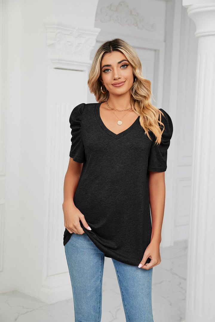 Black Puff Sleeves V Neck Top