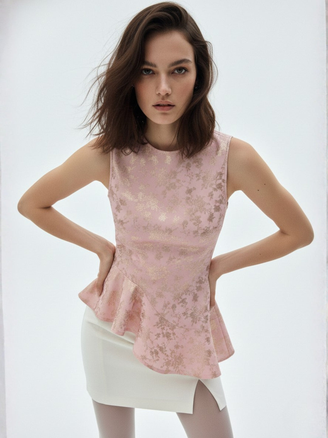 Pink Asymmetric Flouncy Foil Printed Top