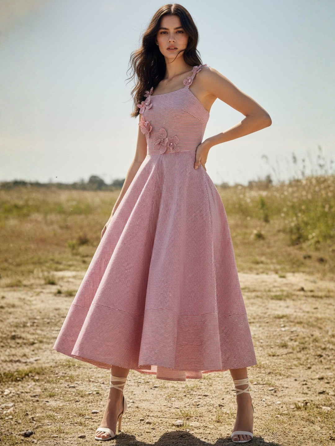 Pink Midi Yarndyed Dress With Cutout Floral Applique Detail