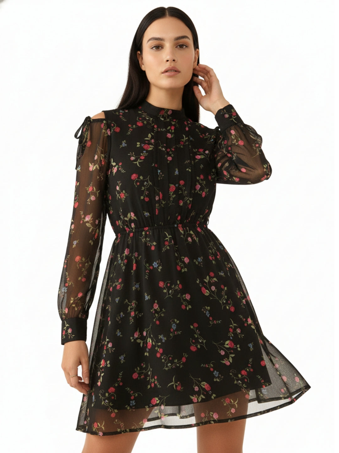 Black Floral Sheer Fit & Flare Mini Dress
